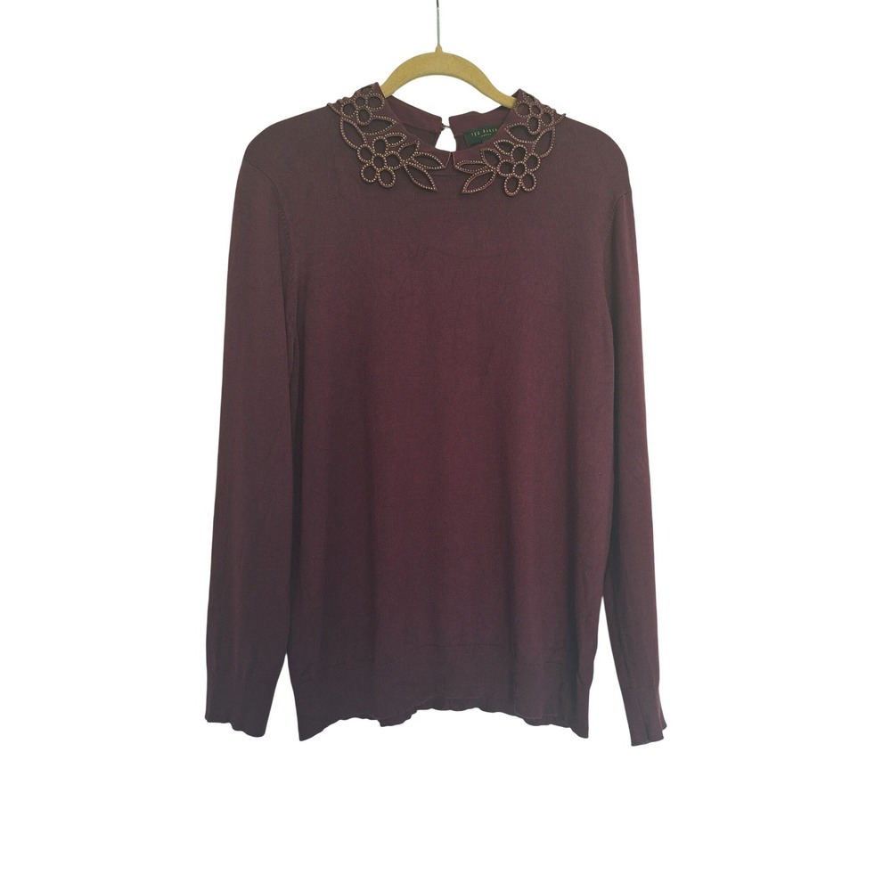 Ted Baker Azaleo Studded Floral Collar Sweater Burgundy Womens Size 5 / XL